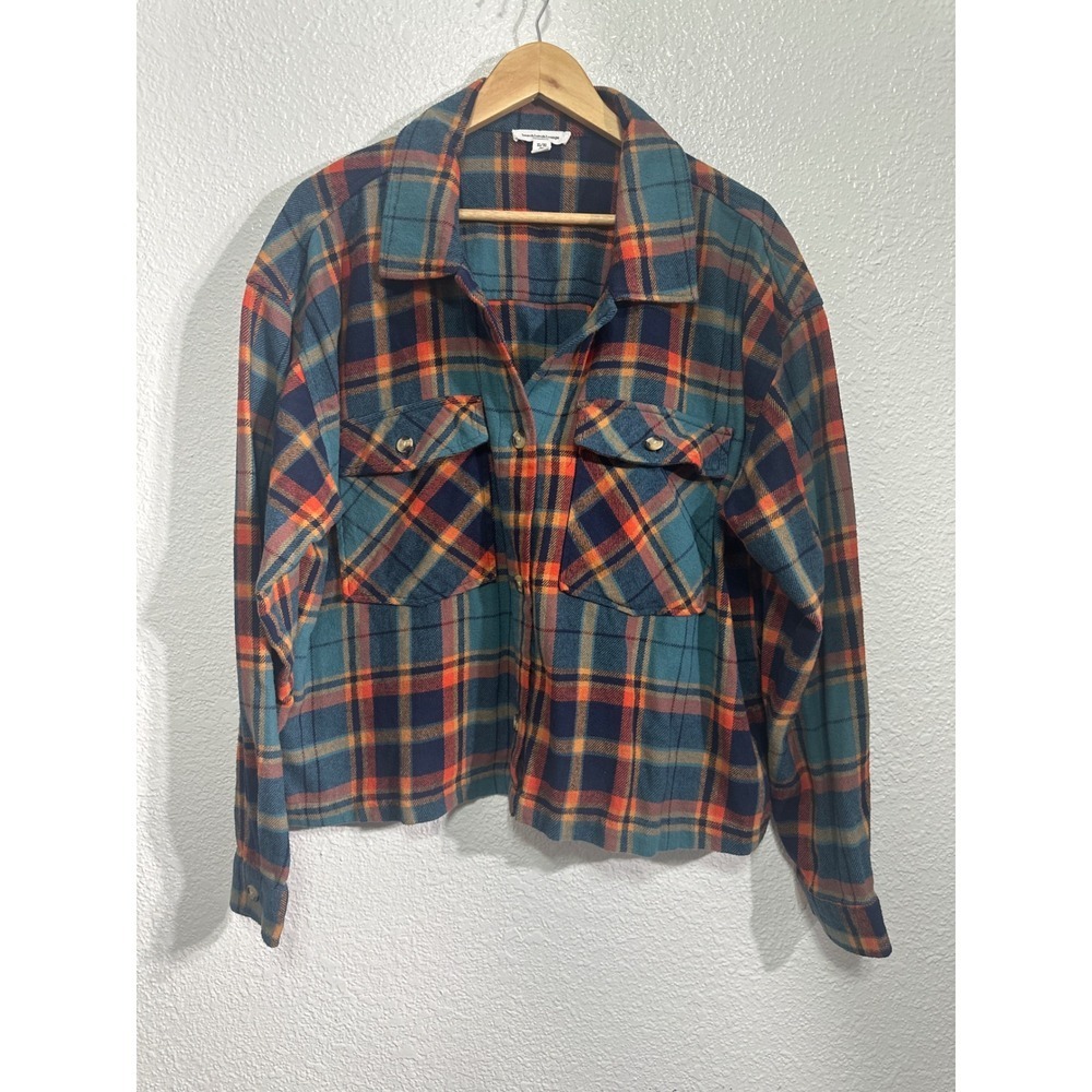 Beachlunchlounge Teal Orange Plaid Cotton Flannel Shirt XL LCO5546 Womens